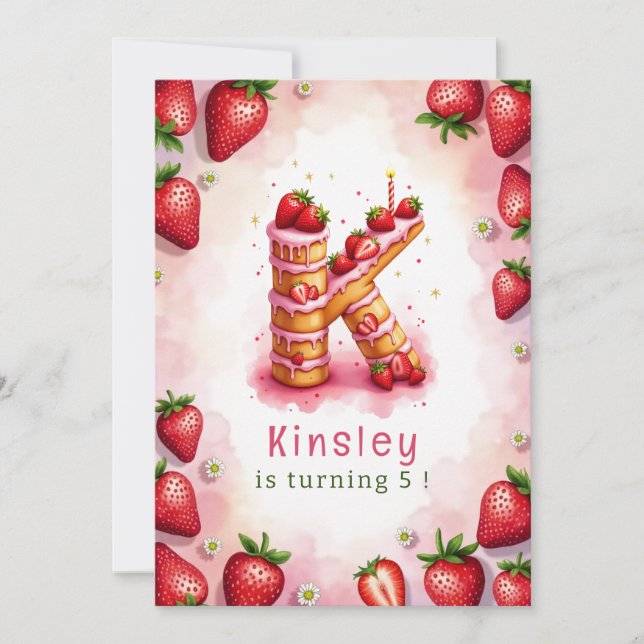 Strawberry Birthday Invitation Letter K Cake Theme (Front)