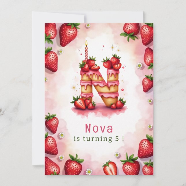 Strawberry Birthday Invitation Letter N Cake Theme (Front)