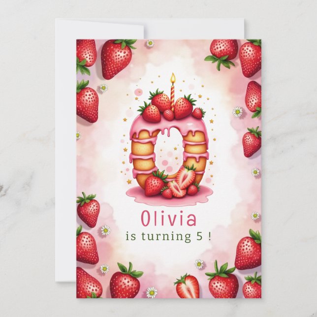 Strawberry Birthday Invitation Letter O Cake Theme (Front)