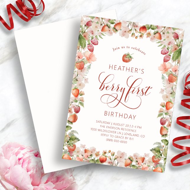 Strawberry Birthday Invitations (White Strawberry Berry First  Birthday Invitations by Painted Paperie
)