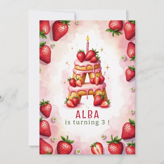 Strawberry Birthday Invite Letter A Cake Design (Front)