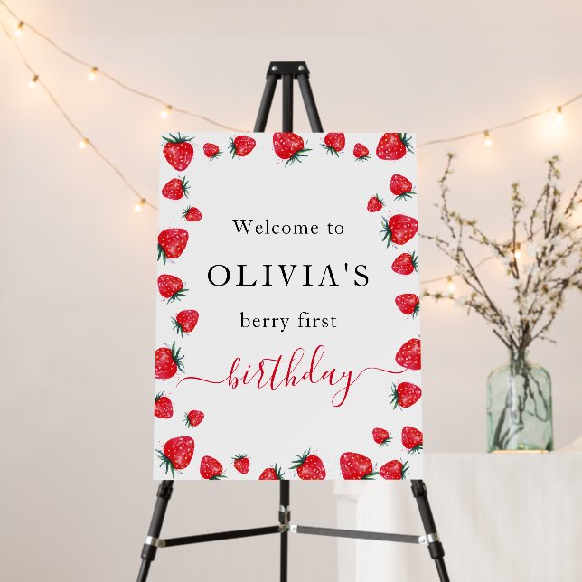 Strawberry Birthday Party Berry First Welcome sign (In Situ (Stand))