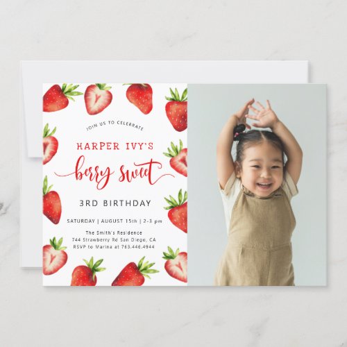 Strawberry Birthday Party  Berry Sweet Photo Invitation