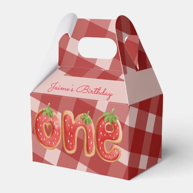 Strawberry Birthday Party Cookies Plaid Favor Boxes (Front Side)