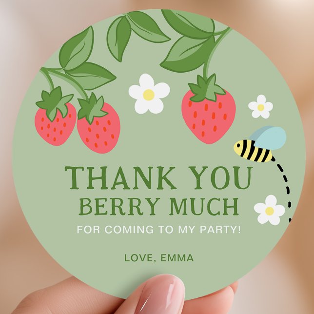 Strawberry Birthday Party Favor Thank you Classic Round Sticker (Creator Uploaded)