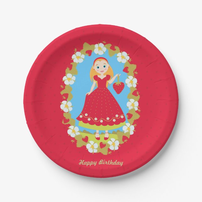 Strawberry Birthday Party Girl Paper Plates (Front)