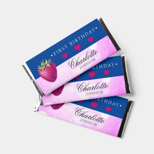 Strawberry Birthday Party Girl Pink and Dark Blue Hershey Bar Favors