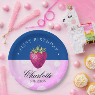 Strawberry Birthday Party Girl Pink and Dark Blue Paper Plates