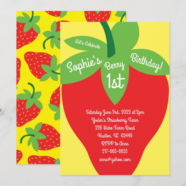 Strawberry Birthday Party Invitation (Front/Back)