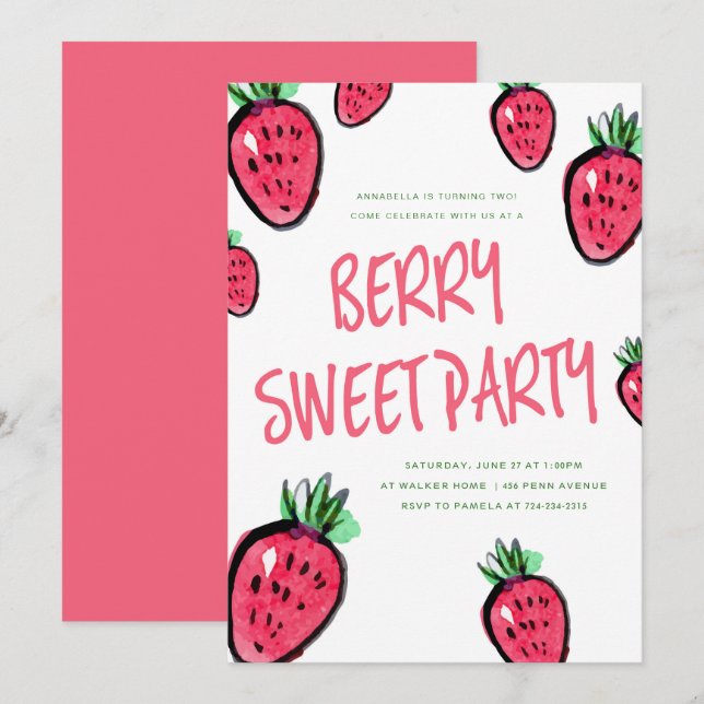 Strawberry Birthday Party Invitation Berry Sweet (Front/Back)