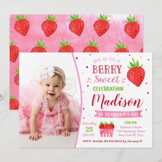 Strawberry Birthday Party Invitations with Photo (Front/Back)