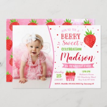 Strawberry Birthday Party Invitations With Photo by SugarPlumPaperie at Zazzle