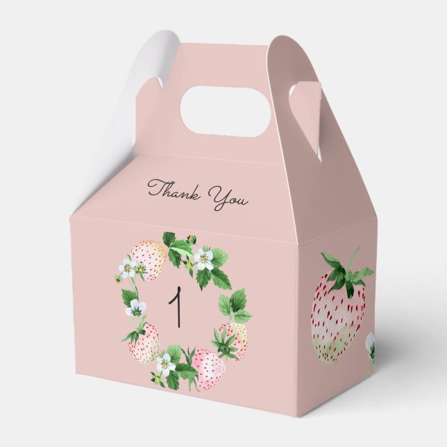 Strawberry Birthday Party Pink White Fruit Favor Boxes (Front Side)