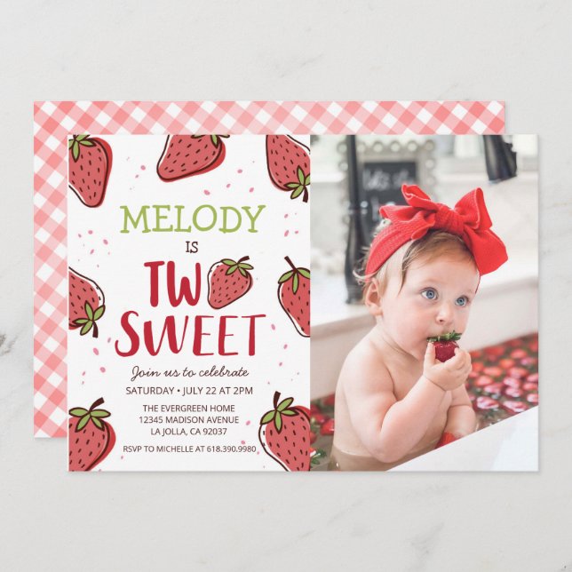 Strawberry Birthday Party •  Two Sweet Invitation (Front/Back)