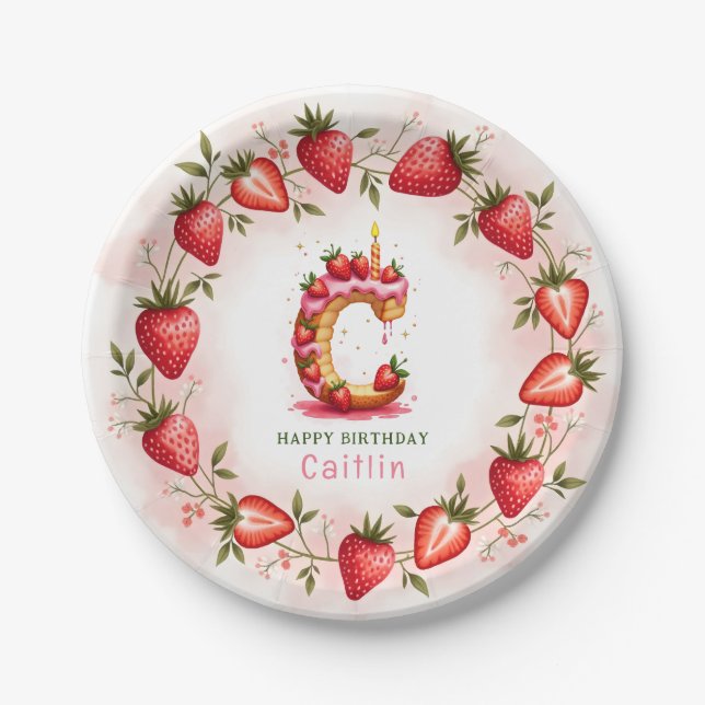 Strawberry Birthday Plate Letter C Cake Design (Front)