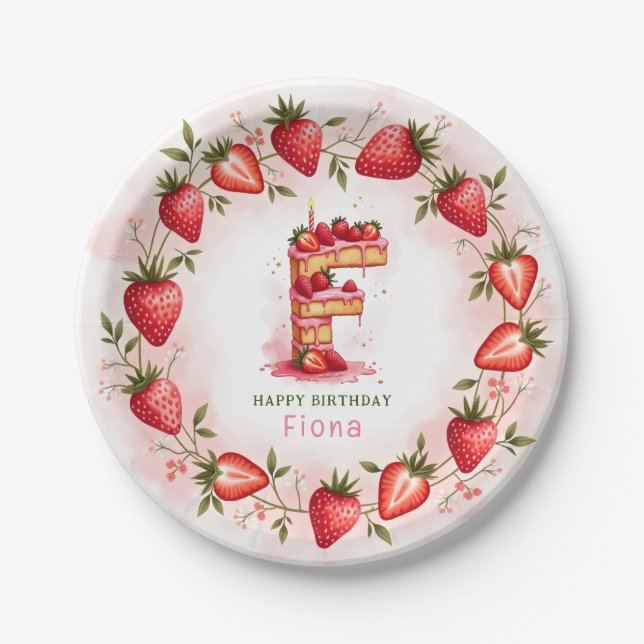 Strawberry Birthday Plate Letter F Cake Design (Front)
