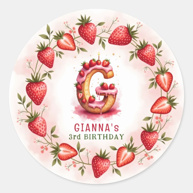 Strawberry Birthday Sticker Letter G Cake (Front)