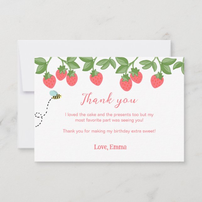 Strawberry Birthday Thank you Note Card (Front)