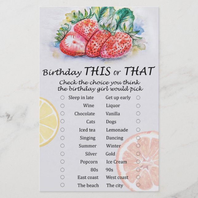 Strawberry Birthday this or that game (Front)