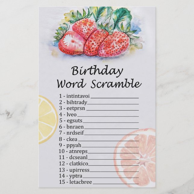 Strawberry Birthday Word Scramble Game (Front)