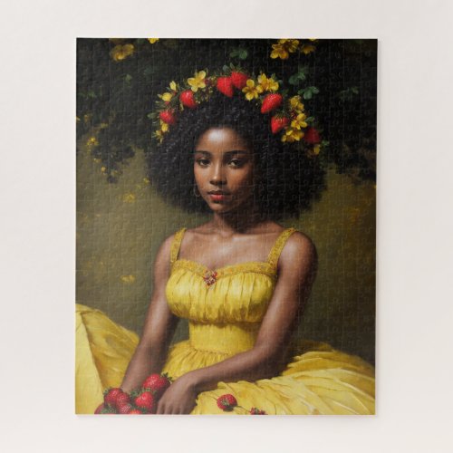 Strawberry Black Woman in Yellow Dress Summer Art Jigsaw Puzzle