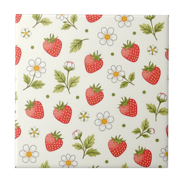 Strawberry Blossom Summer Pattern Ceramic Tile (Front)