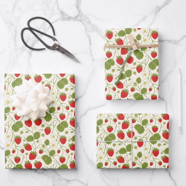 Strawberry Blossoms and Berries Pattern Wrapping Paper Sheets (Front)