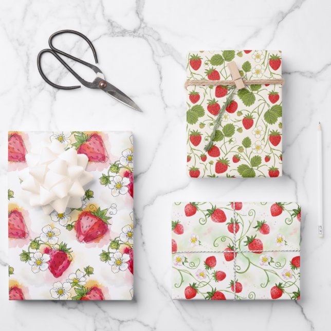Strawberry Blossoms and Berries Three Patterns Wrapping Paper Sheets (Front)