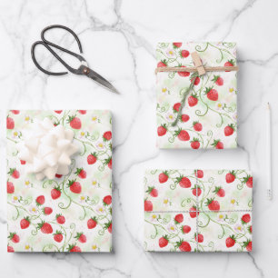 Strawberry Blossoms and Berries Watercolor Style Wrapping Paper Sheets