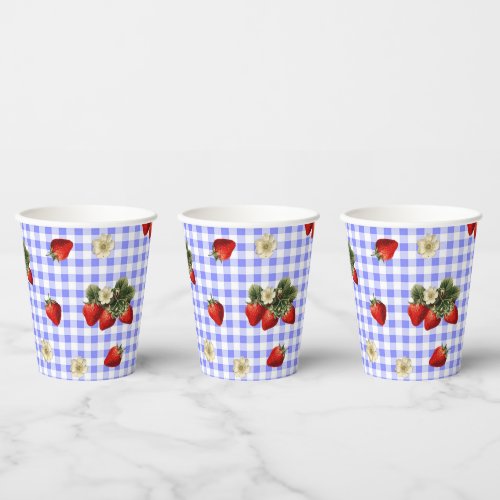 Strawberry blossoms blue gingham cute paper cups