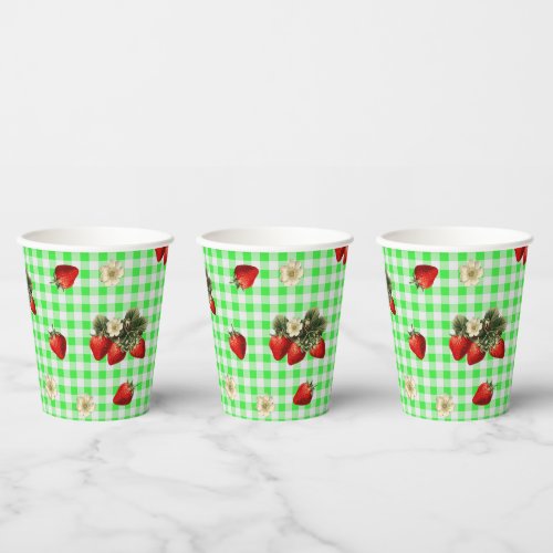 Strawberry blossoms green gingham cute paper cups