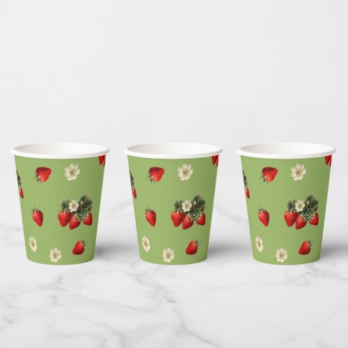 Strawberry blossoms on moss green cute paper cups