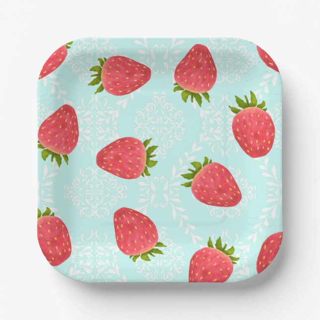 Strawberry Blue Paper Plates (Front)