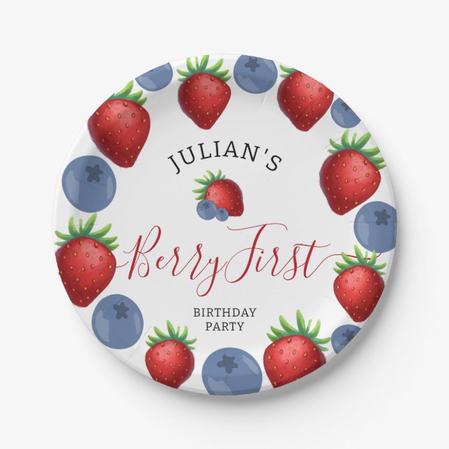 Strawberry Blueberry Berry First 1st Birthday  Paper Plates (Front)