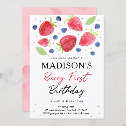 Strawberry Blueberry Berry First Birthday Invitation