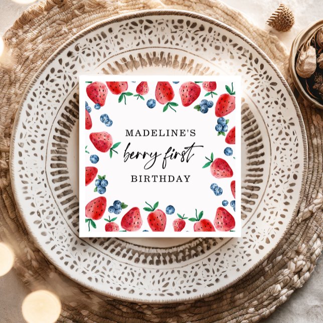 Strawberry Blueberry Berry First Girl 1st Birthday Napkins (Creator Uploaded)