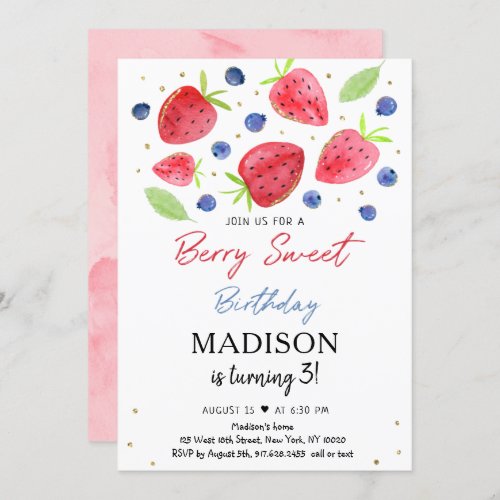 Strawberry Blueberry Berry Sweet Birthday Invitation