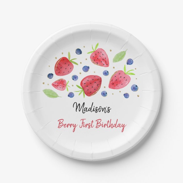 Strawberry Blueberry Berry Sweet Birthday Paper Plates (Front)