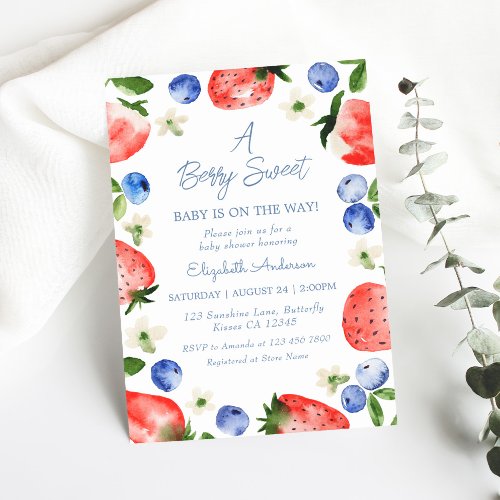 Strawberry Blueberry Berry Sweet Boy Baby Shower Invitation