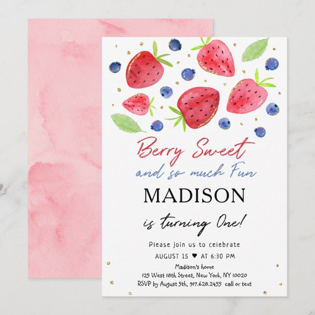 Strawberry Blueberry Berry Sweet First Birthday Invitation (Front/Back)