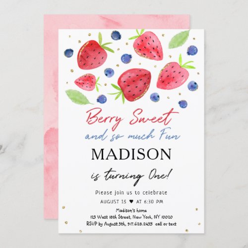 Strawberry Blueberry Berry Sweet First Birthday Invitation