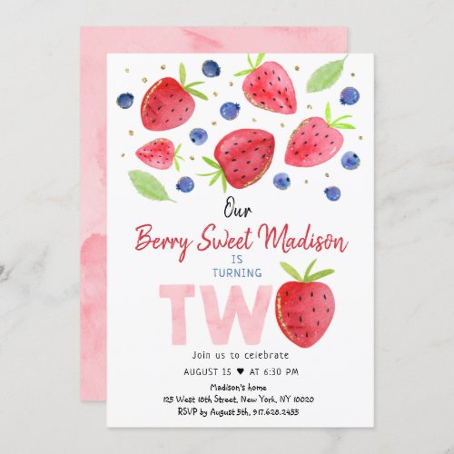 Strawberry Blueberry Berry Sweet Second Birthday Invitation