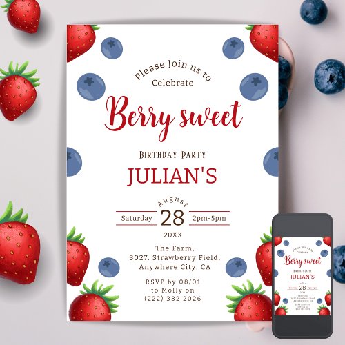 Strawberry Blueberry Girl Birthday Invitation card