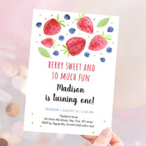 Strawberry Blueberry Watercolor 1st Birthday Invitation