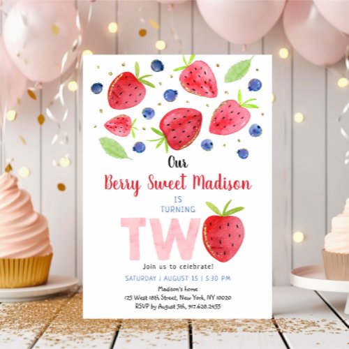 Strawberry Blueberry Watercolor 2nd Birthday Invitation