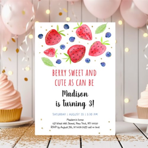 Strawberry Blueberry Watercolor 3rd Birthday Invitation