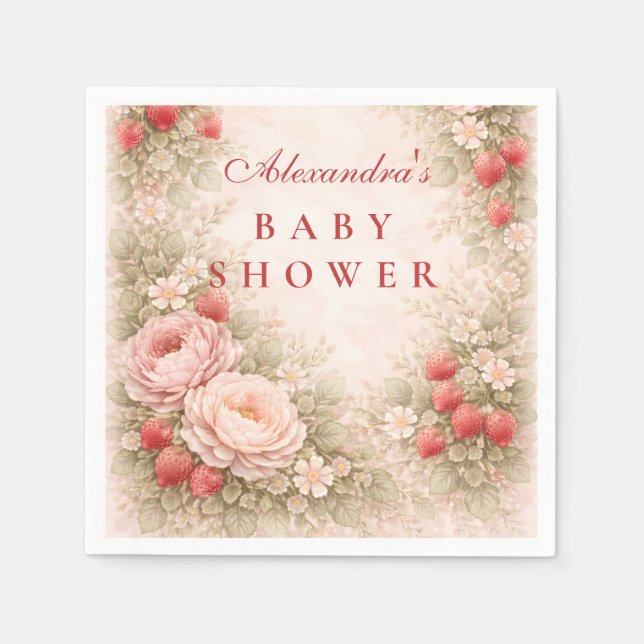 Strawberry Blush Floral Baby Shower Napkins (Front)