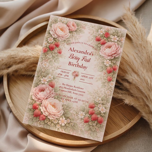 Strawberry Blush Garden Celebration 1st Birthday Invitation (Creator Uploaded)