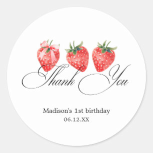 Strawberry Bow 1st Birthday Thank You Classic Round Sticker