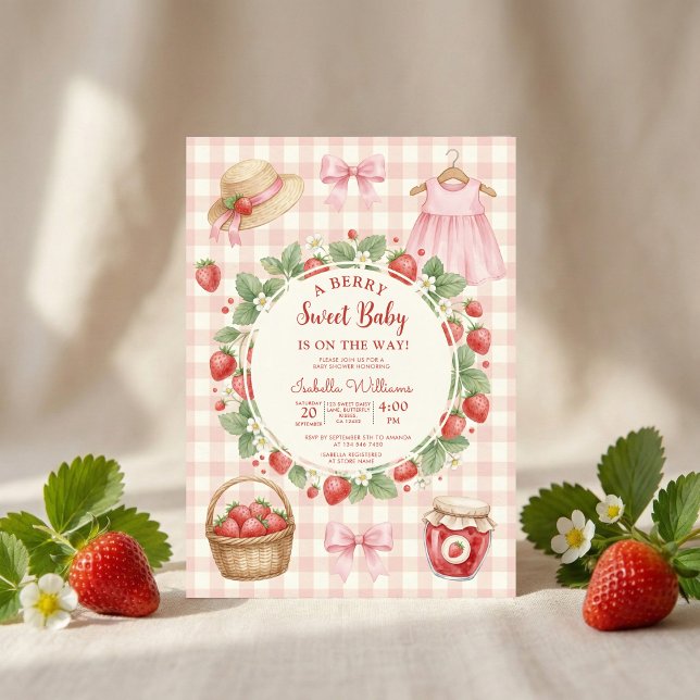 Strawberry bow baby shower First Berry Sweet Invitation (Creator Uploaded)